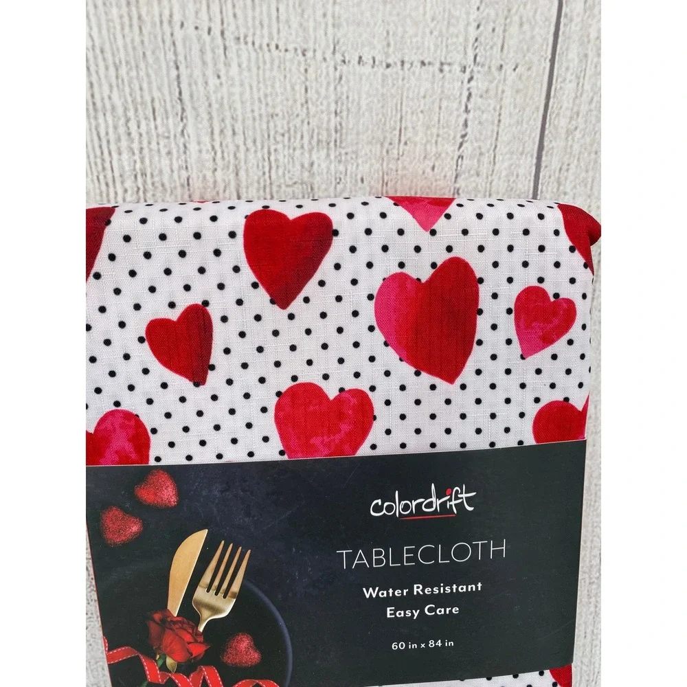 Colordrift Tablecloth 60x84 White Red Hearts Polka Dot Water Resistant Outdoor